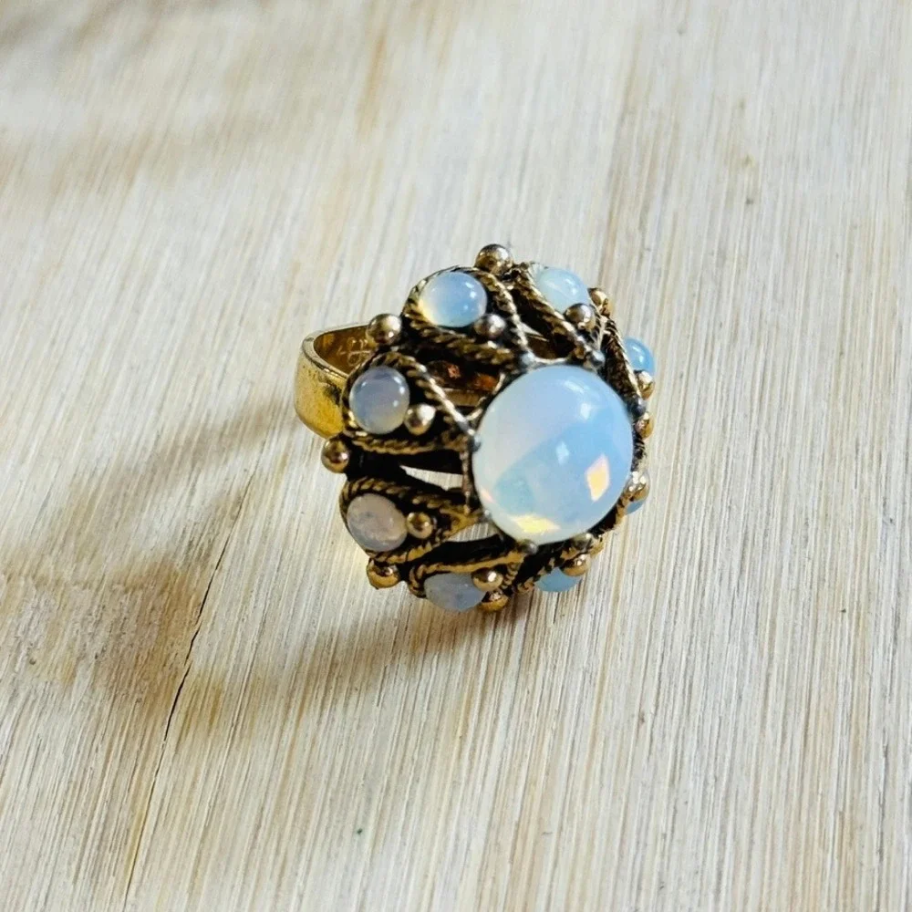 Uncas Cocktail Ring Opalescent Opal Glass Cabochon Gold ElectroPlated Rare VTG